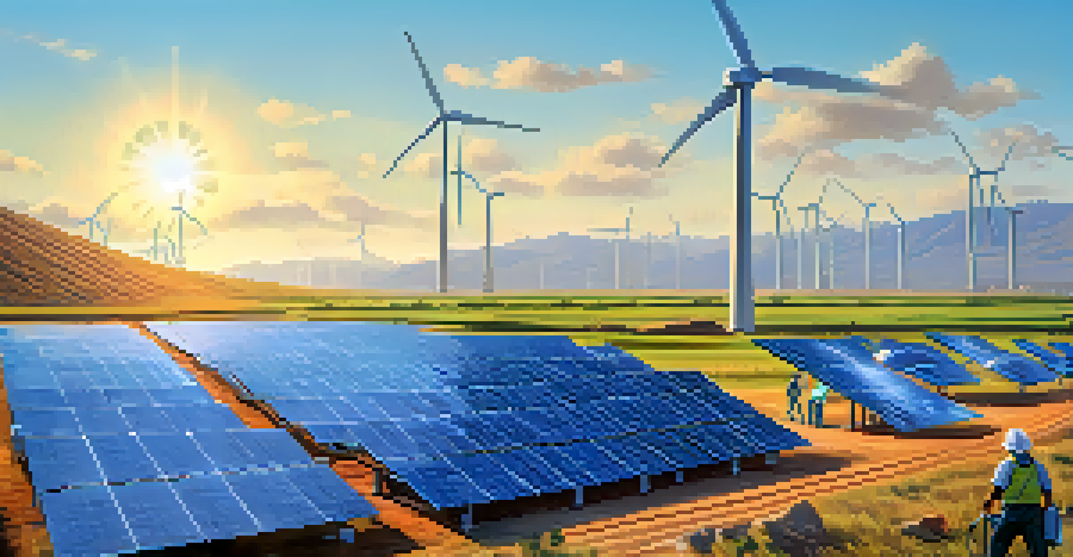 A landscape showing sustainable cryptocurrency mining with wind turbines and solar panels, and miners working together in the background.