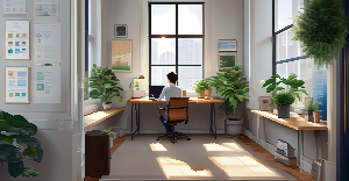 An office space where a person is reviewing cryptocurrency investment documents, with a laptop, notepad, and coffee cup on the desk.