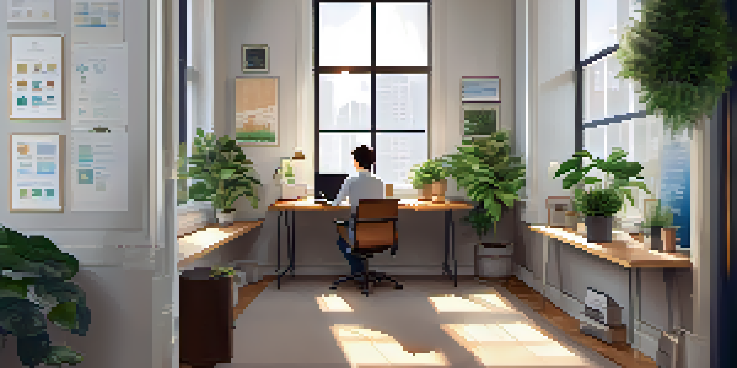 An office space where a person is reviewing cryptocurrency investment documents, with a laptop, notepad, and coffee cup on the desk.