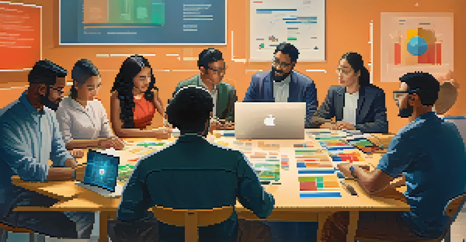 A diverse group of people participating in a workshop on blockchain technology, with charts and graphs displayed around them.