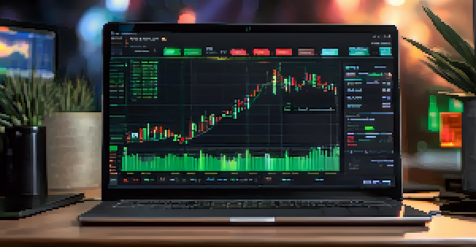 A laptop screen displaying a cryptocurrency exchange interface with charts and trading options, set in a warm and inviting environment.