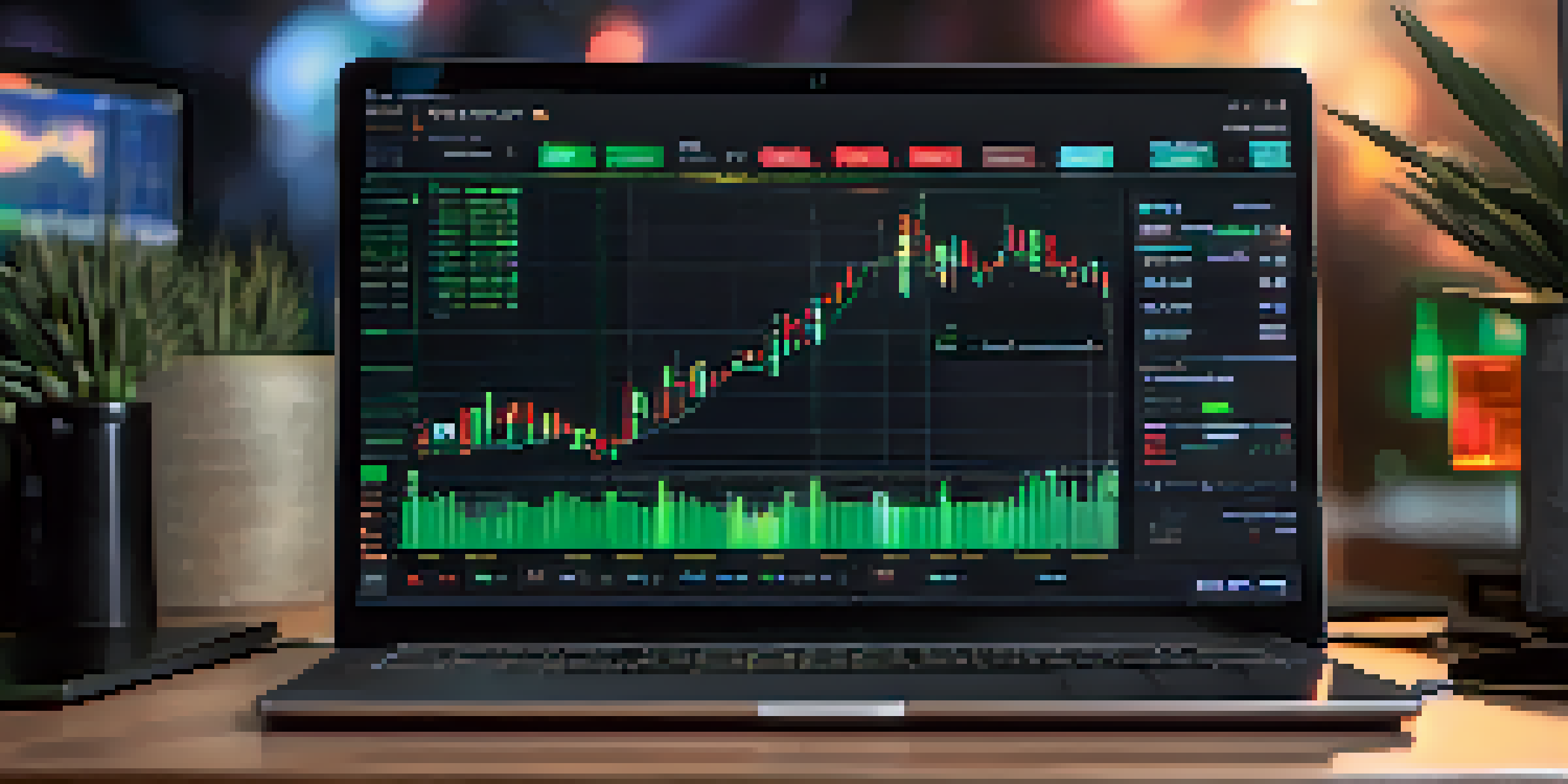 A laptop screen displaying a cryptocurrency exchange interface with charts and trading options, set in a warm and inviting environment.