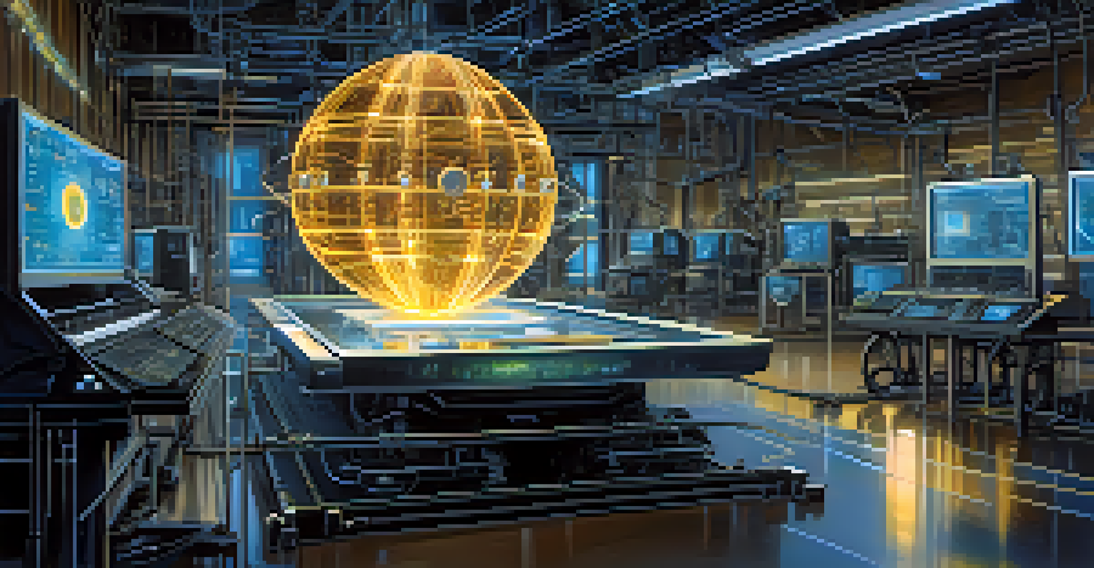 A close-up of a glowing qubit surrounded by advanced machinery and screens in a high-tech lab.