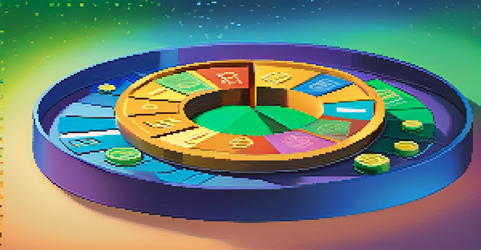 An abstract pie chart representing cryptocurrency diversification with colorful symbols on a blue and green gradient background.