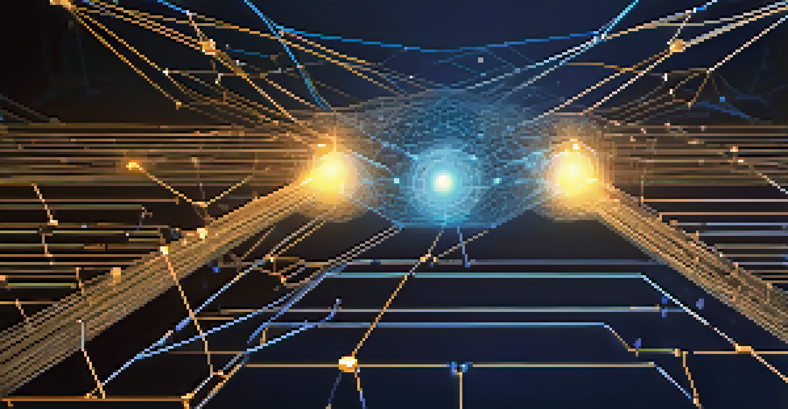 A close-up visualization of a blockchain network with glowing nodes and lines.