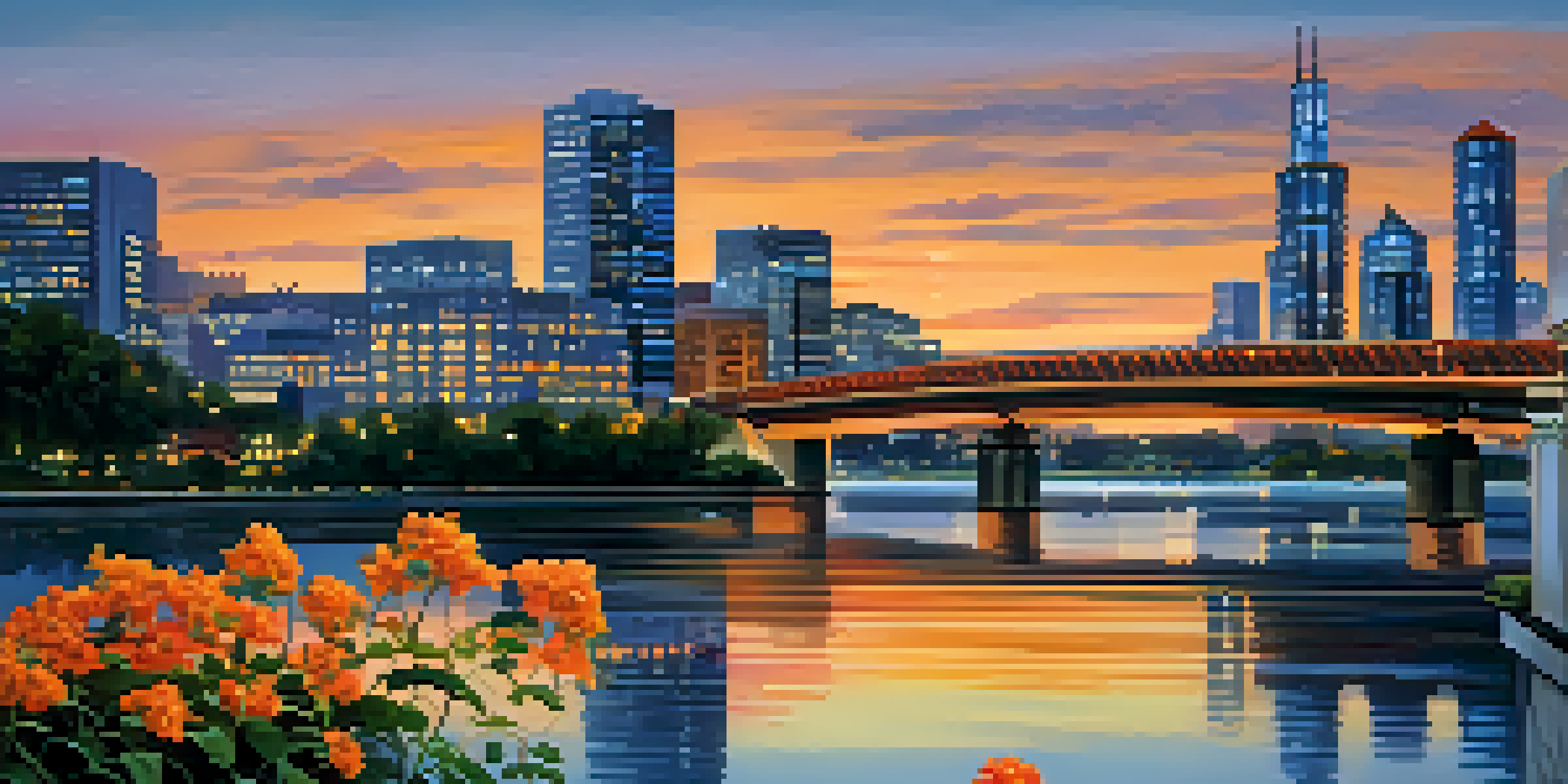 A city skyline at dusk with illuminated skyscrapers reflecting on a river and a pedestrian bridge in the foreground.