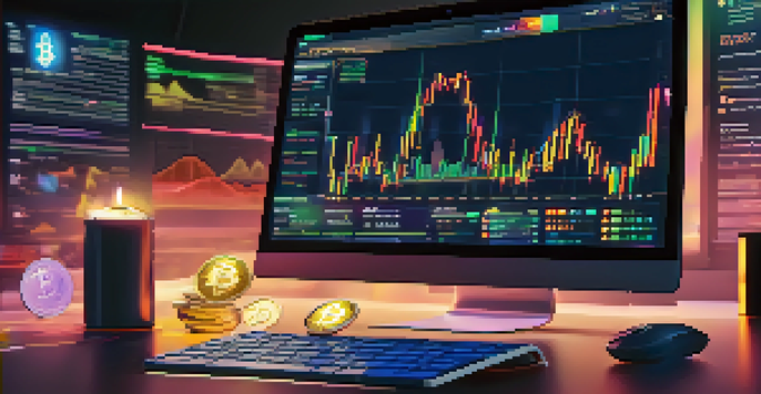 A computer screen showing cryptocurrency trading charts with a person's hand on the mouse, emphasizing digital investment.