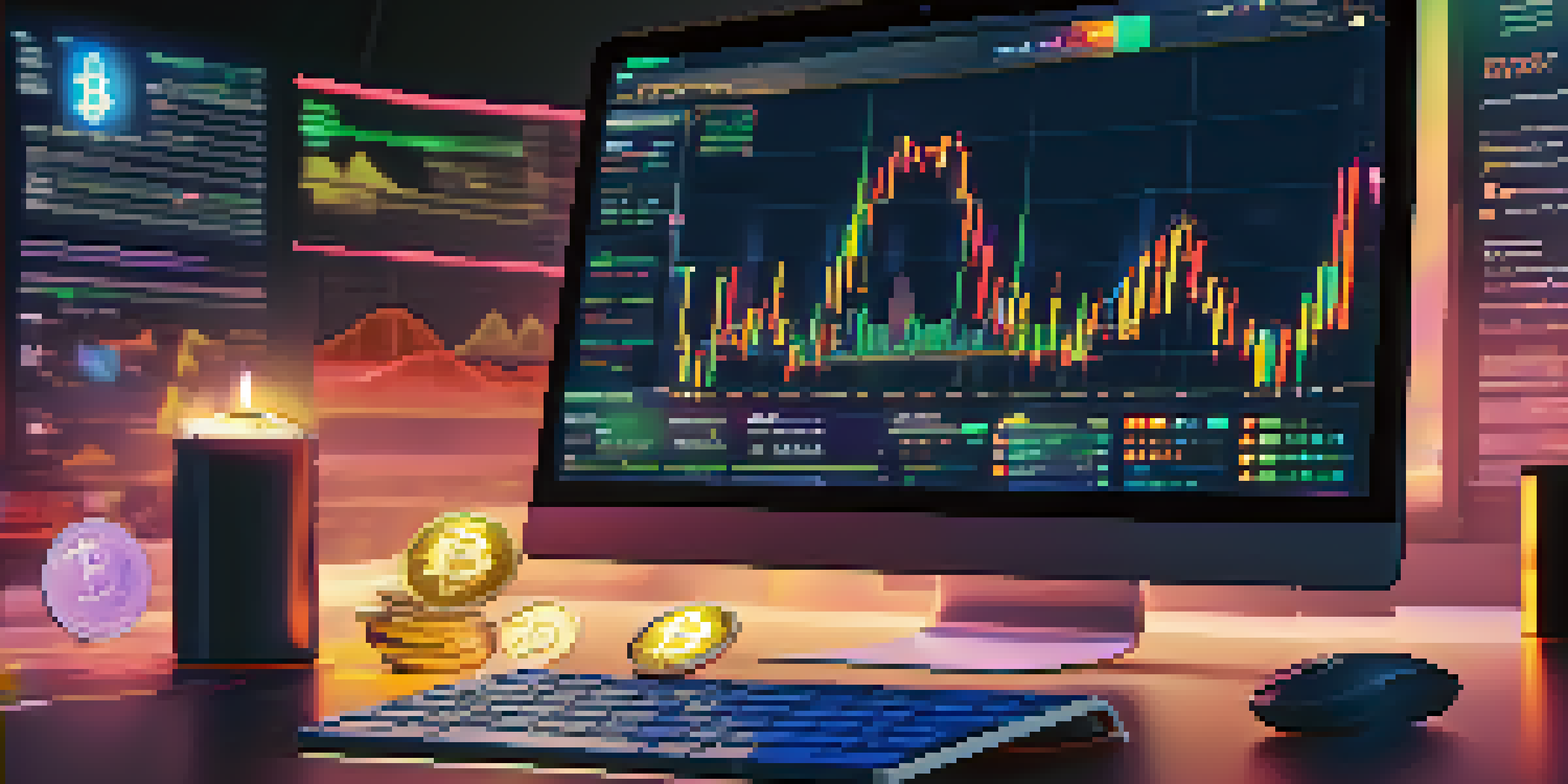 A computer screen showing cryptocurrency trading charts with a person's hand on the mouse, emphasizing digital investment.