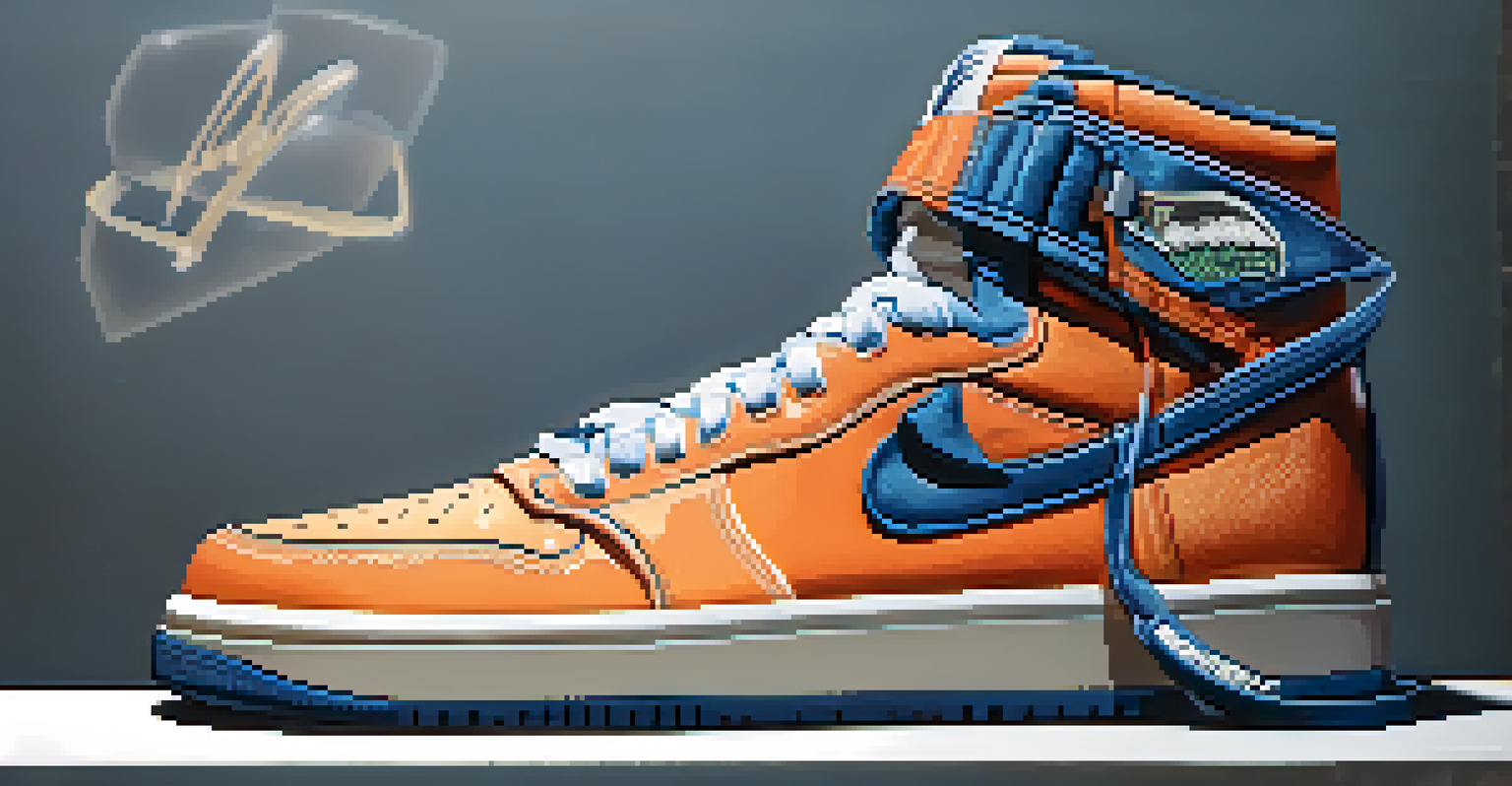A close-up of a limited-edition sneaker with an embedded digital screen showing NFT ownership details, highlighted by dramatic lighting.