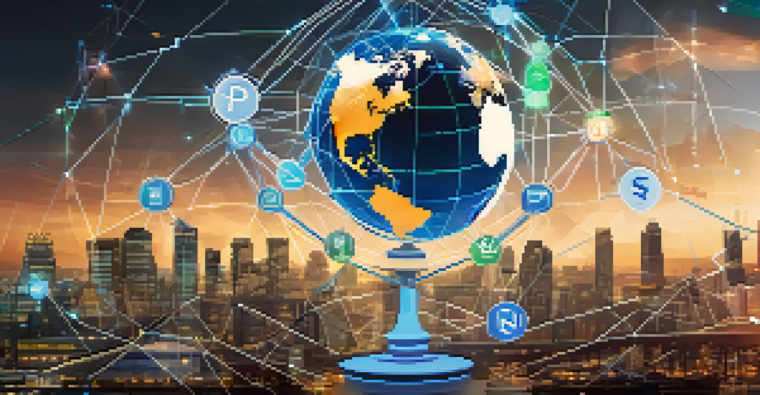 A globe surrounded by digital connections and trade icons, set against a city skyline and blockchain graphics, symbolizing cryptocurrency in international trade.