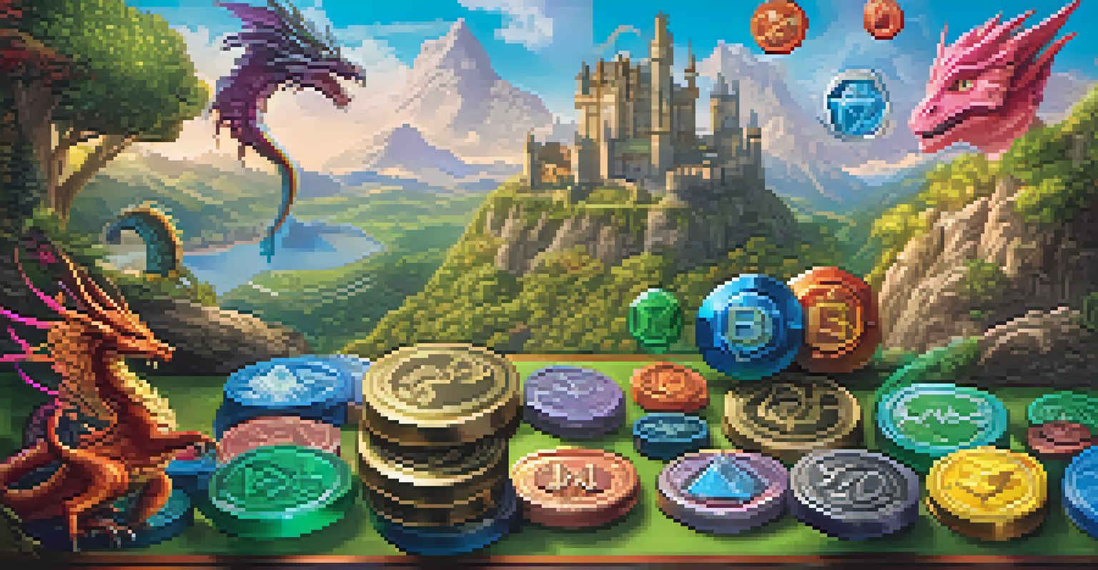 A variety of colorful gaming tokens on a digital interface against a vibrant gaming landscape.