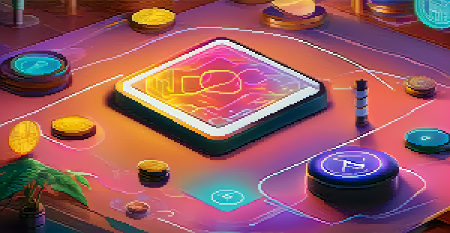 A digital canvas displaying colorful unique artworks and floating tokens, symbolizing NFTs and smart contracts in a warm, inviting atmosphere.