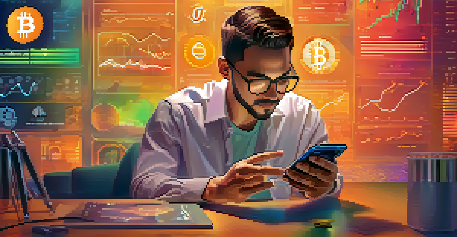A user confidently using a crypto app on their smartphone, with colorful charts and infographics in the background.