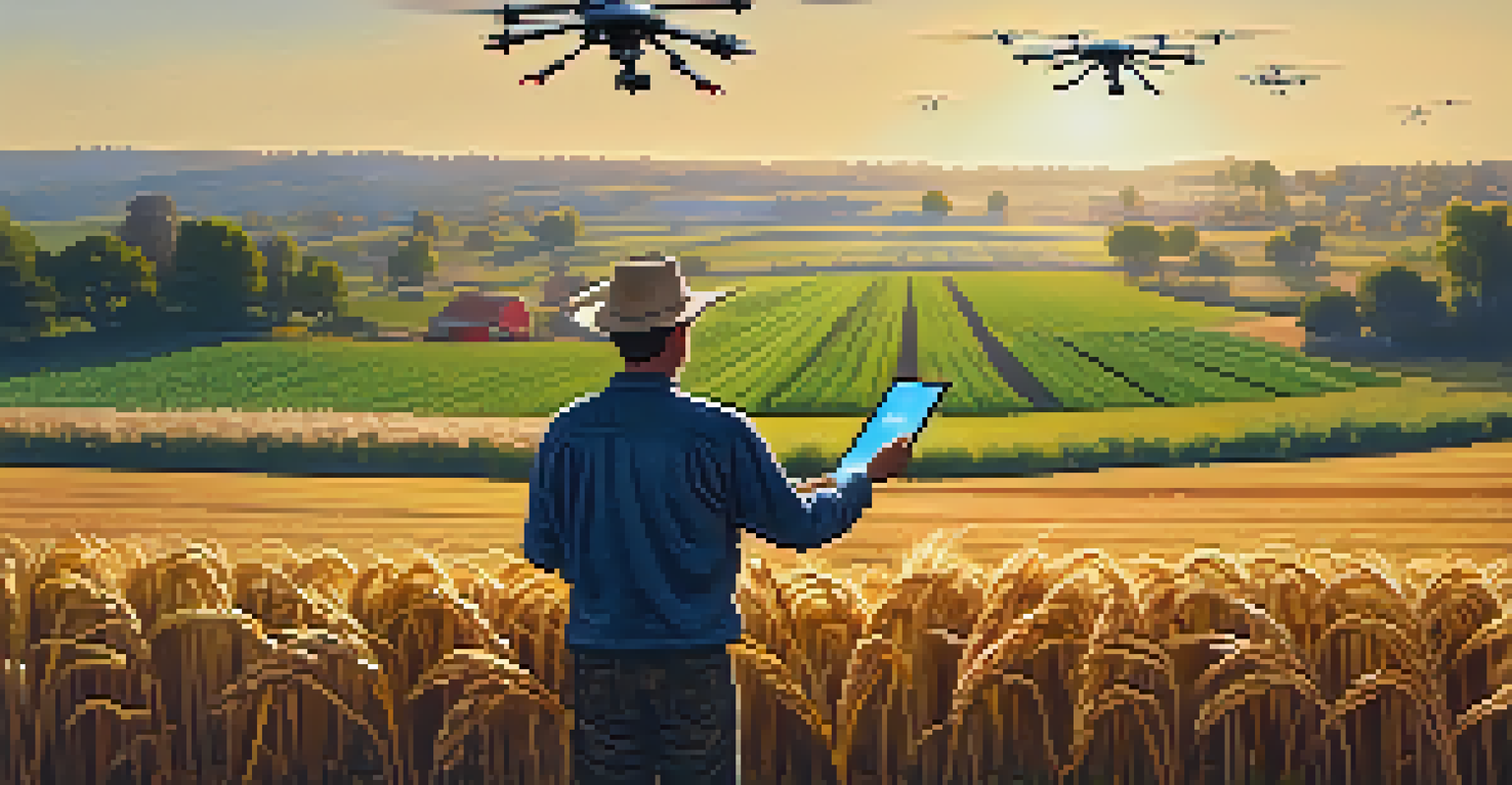 A farmer using a tablet in a field with drones flying above and crops around.