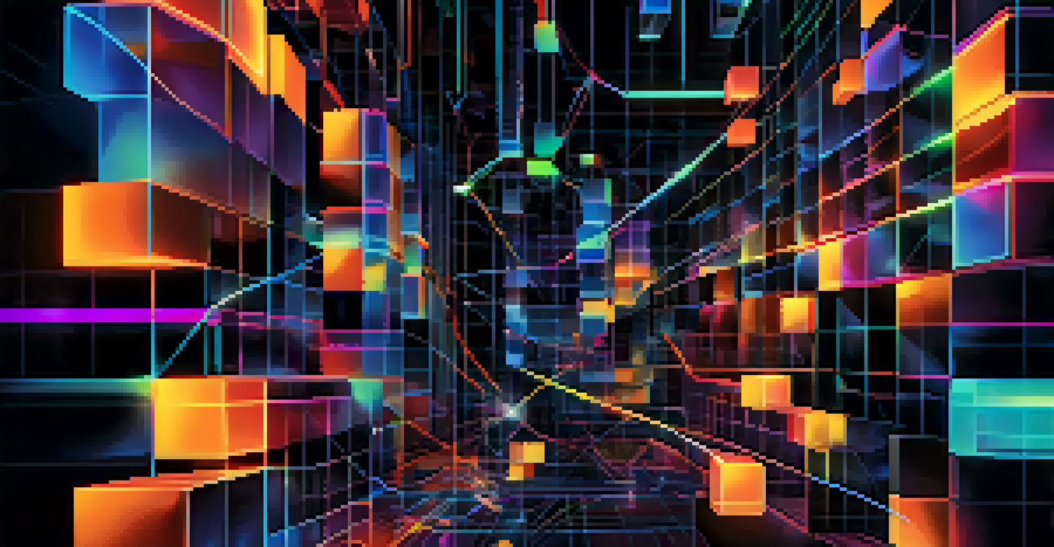 An abstract representation of blockchain technology with glowing interconnected blocks and light trails, symbolizing transactions.