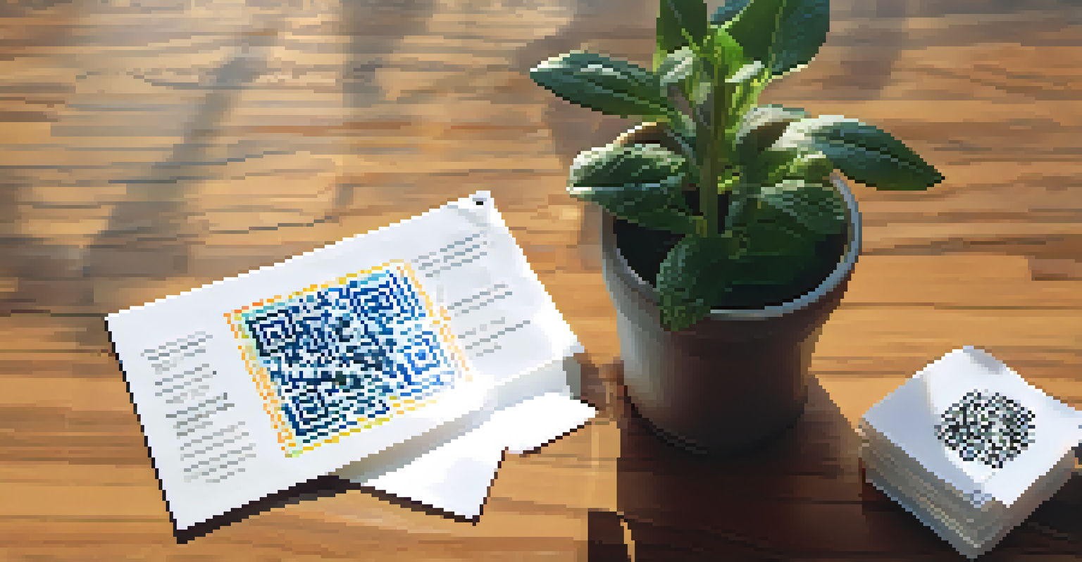 A paper cryptocurrency wallet with a QR code and security notes on a wooden table with natural light and a plant.