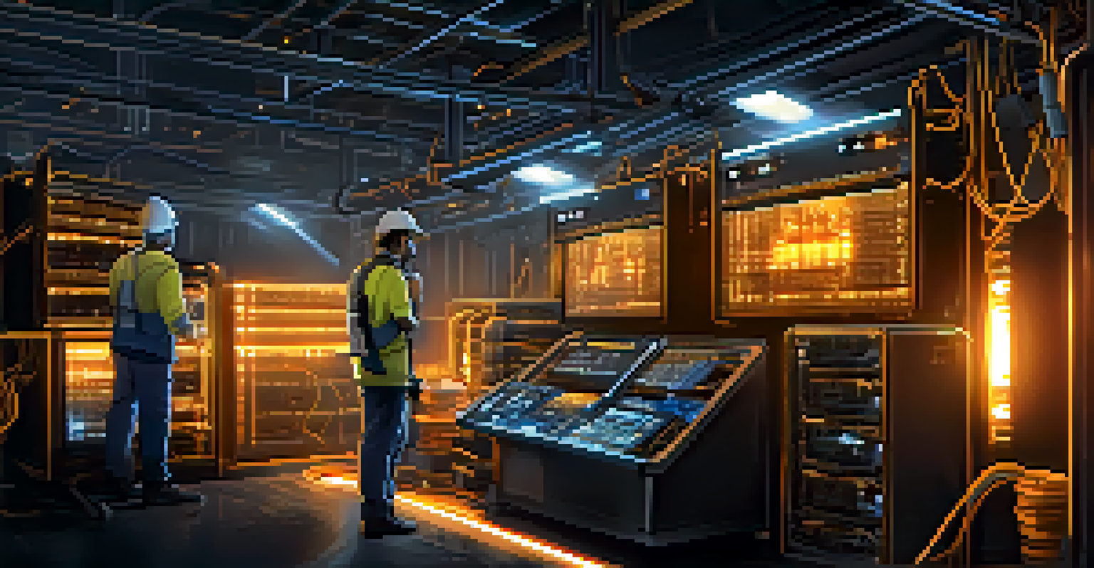 An artistic representation of a cryptocurrency mining setup featuring high-tech hardware and glowing graphics cards in a dimly lit environment.