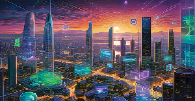 A futuristic city with interconnected blockchain networks and glowing data streams, featuring diverse people using technology devices.