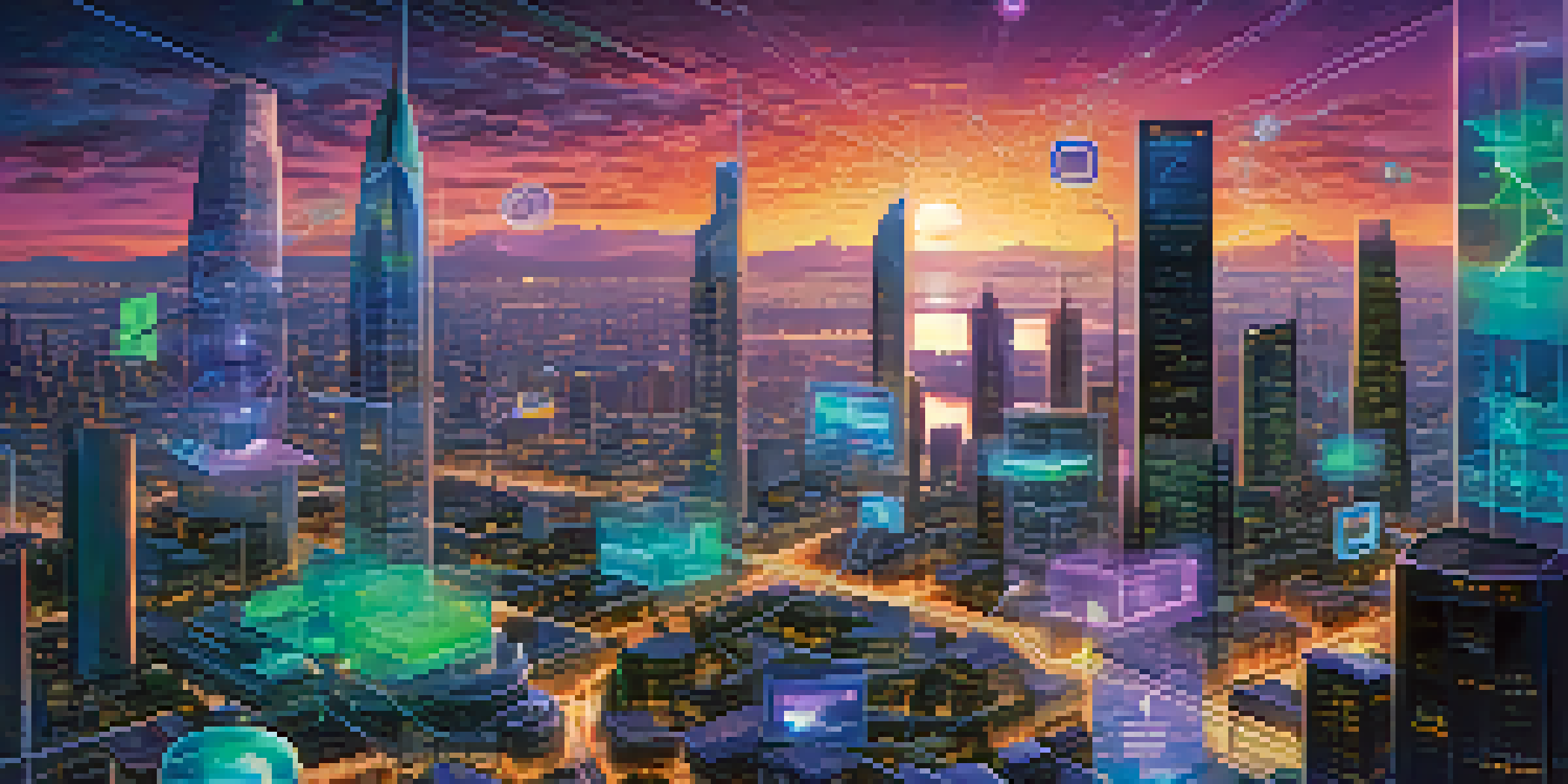 A futuristic city with interconnected blockchain networks and glowing data streams, featuring diverse people using technology devices.