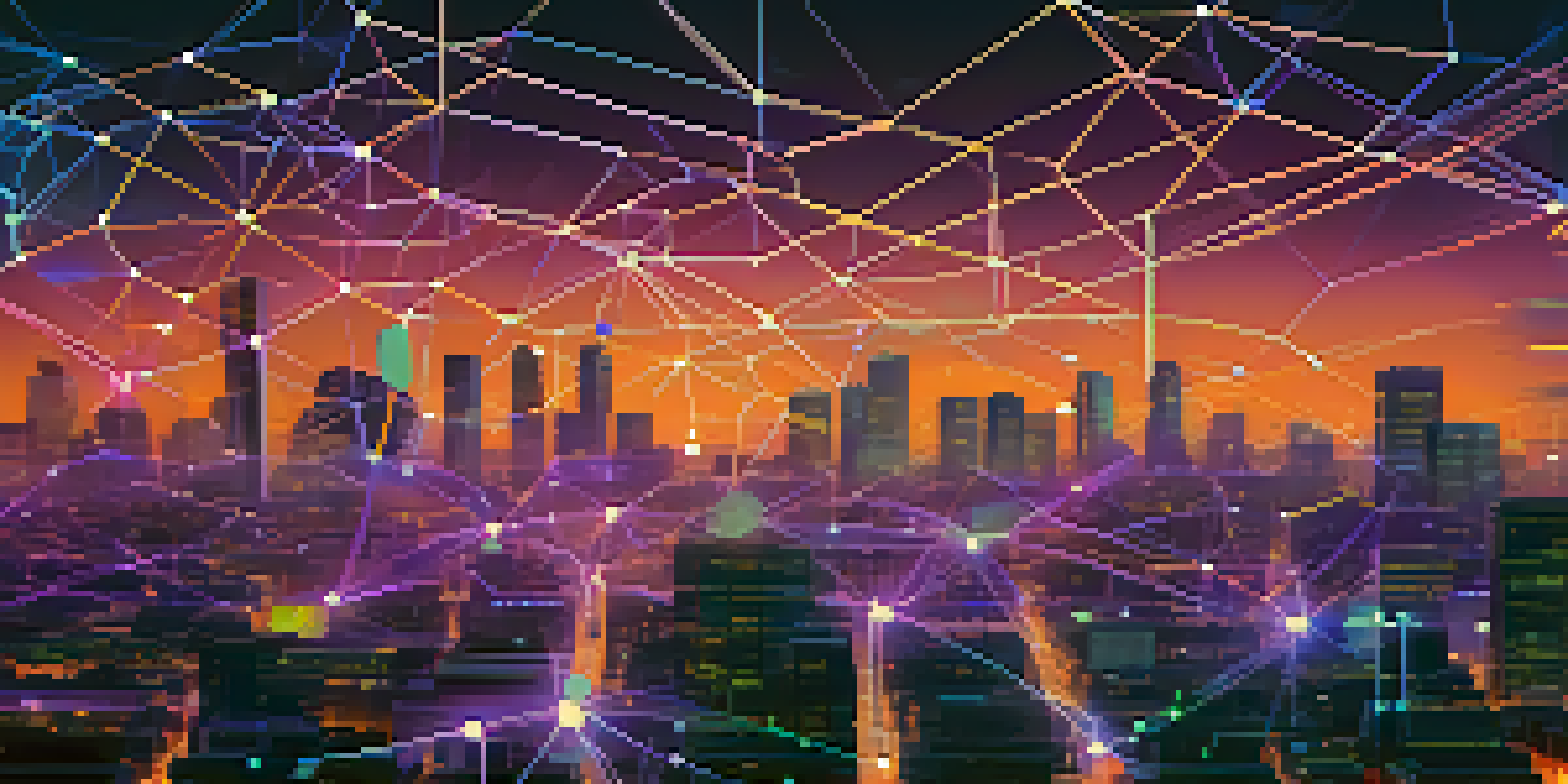 An illustration depicting interconnected blockchain networks with glowing nodes and vibrant lines of light against a digital cityscape at dusk.