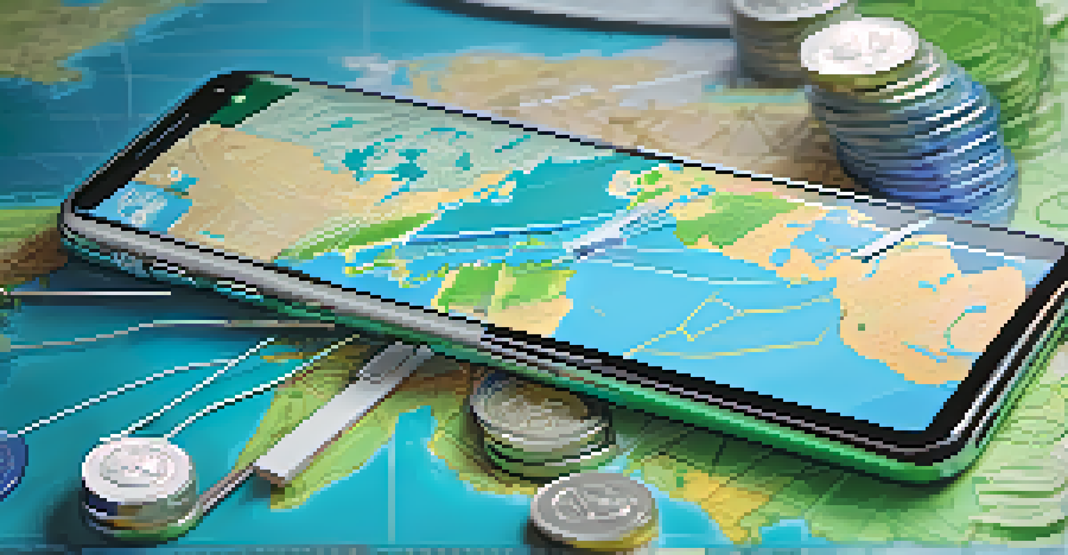 A smartphone displaying a digital wallet with cryptocurrencies, set against a world map illustrating global remittance transfers.
