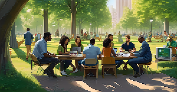 A diverse group of traders in a park, surrounded by nature, discussing cryptocurrency trends with laptops and smartphones.