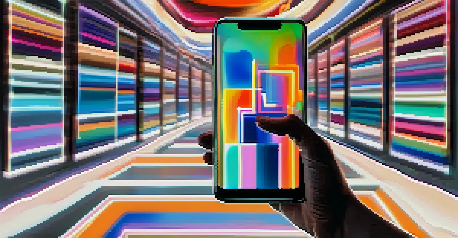 A close-up of a hand holding a smartphone showing an NFT digital artwork with an abstract art background.