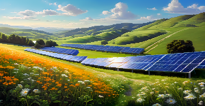 A peaceful view of a solar-powered cryptocurrency mining facility surrounded by green hills and flowers under a blue sky.