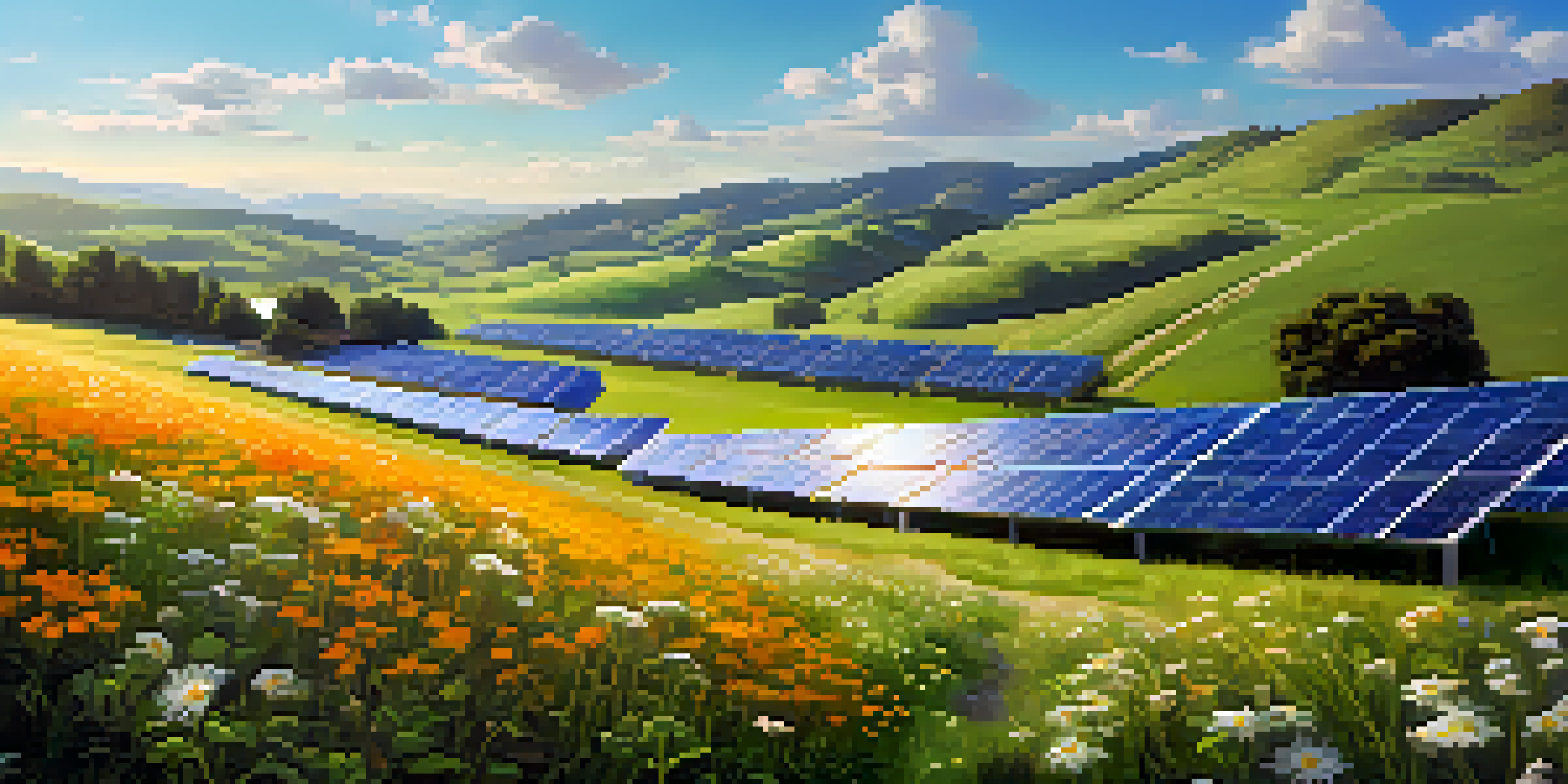 A peaceful view of a solar-powered cryptocurrency mining facility surrounded by green hills and flowers under a blue sky.