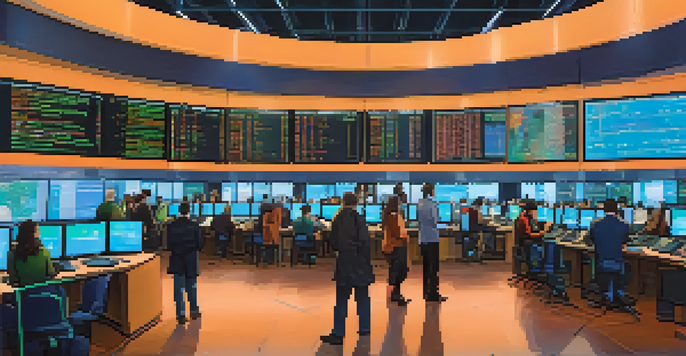 A vibrant trading floor with traders focused on screens showing cryptocurrency prices and news updates.