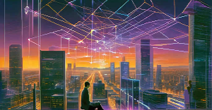 A futuristic city skyline at dusk with glowing digital streams representing blockchain networks, and people using holographic interfaces in the foreground.