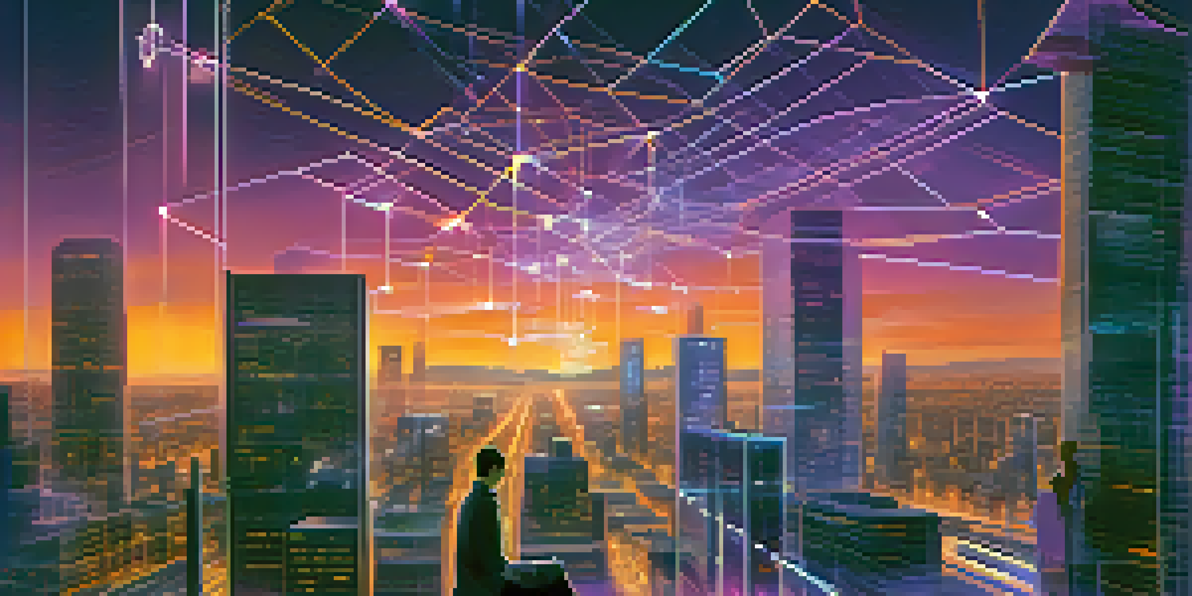 A futuristic city skyline at dusk with glowing digital streams representing blockchain networks, and people using holographic interfaces in the foreground.