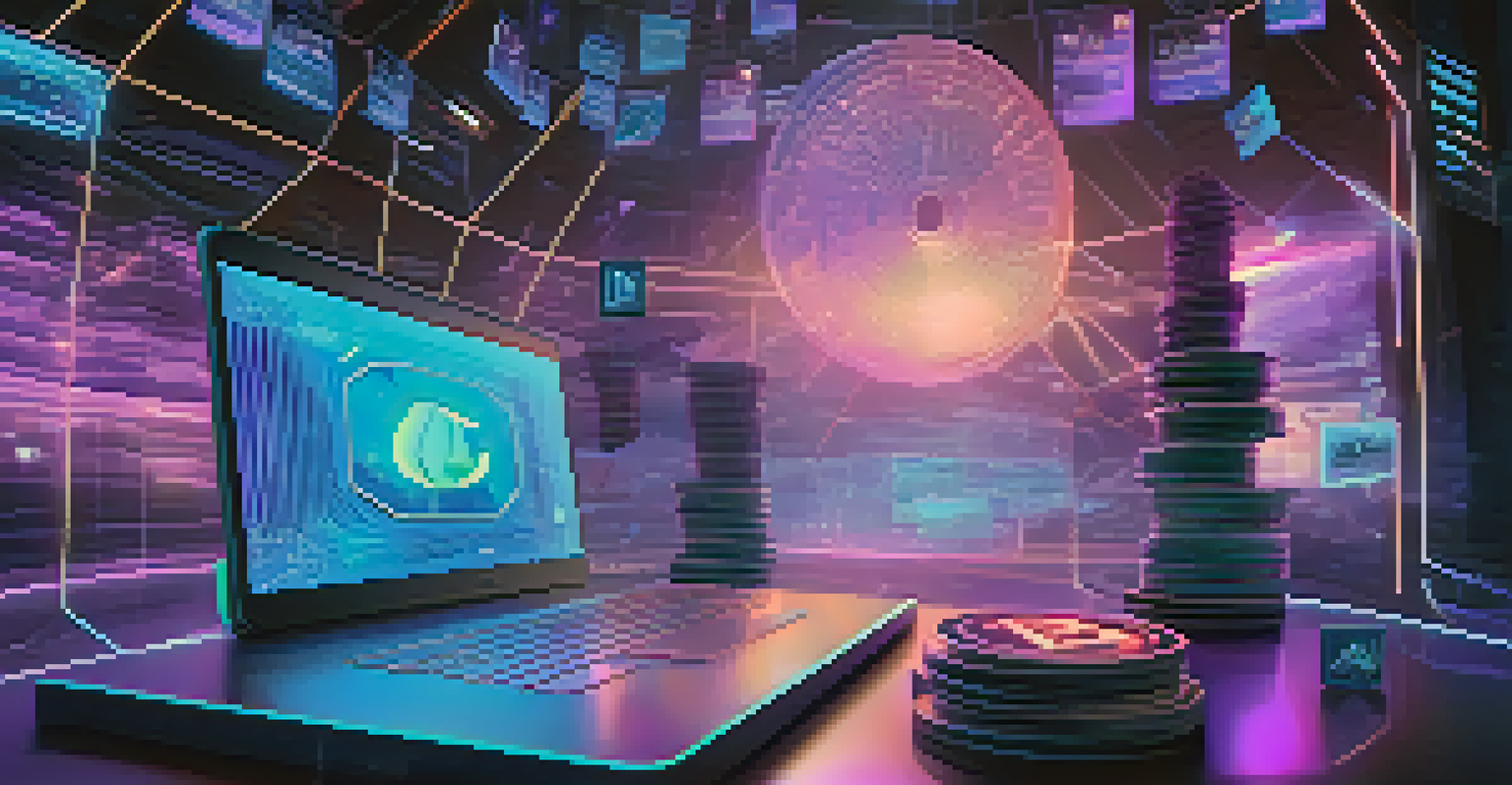 A virtual reality scene showcasing a digital wallet with holographic cryptocurrency displays, illuminated in cool blue and purple hues.