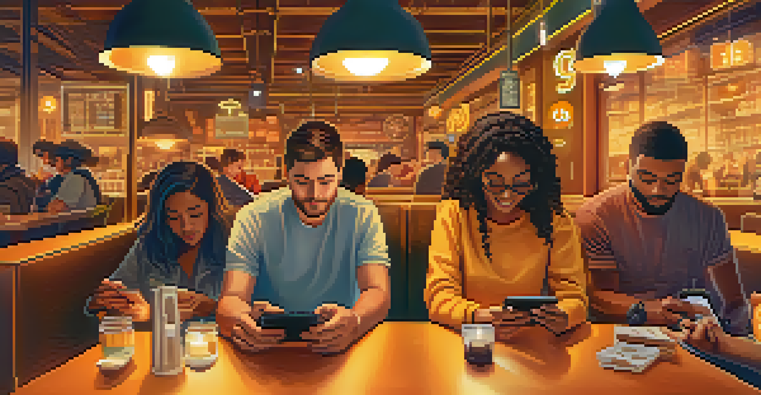 A group of people in a café using smartphones for cryptocurrency transactions with digital currency symbols in the air.