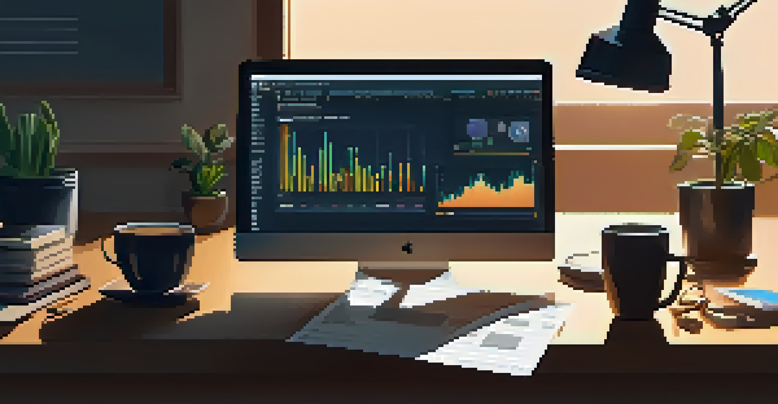A workspace scene showing a person trading cryptocurrency on a laptop, with a notepad, coffee mug, and smartphone visible.