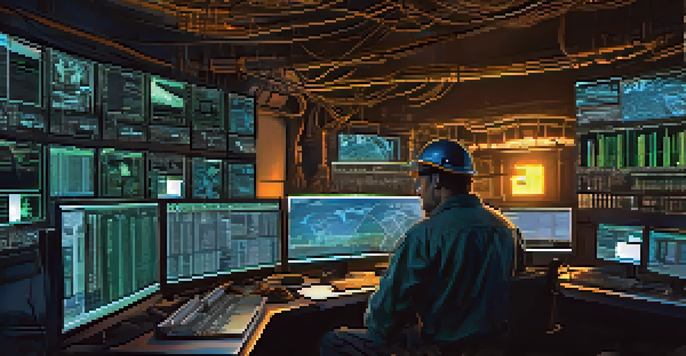 A miner intensely focused on their computer screen in a dark room, surrounded by mining equipment and illuminated by the screen's glow.