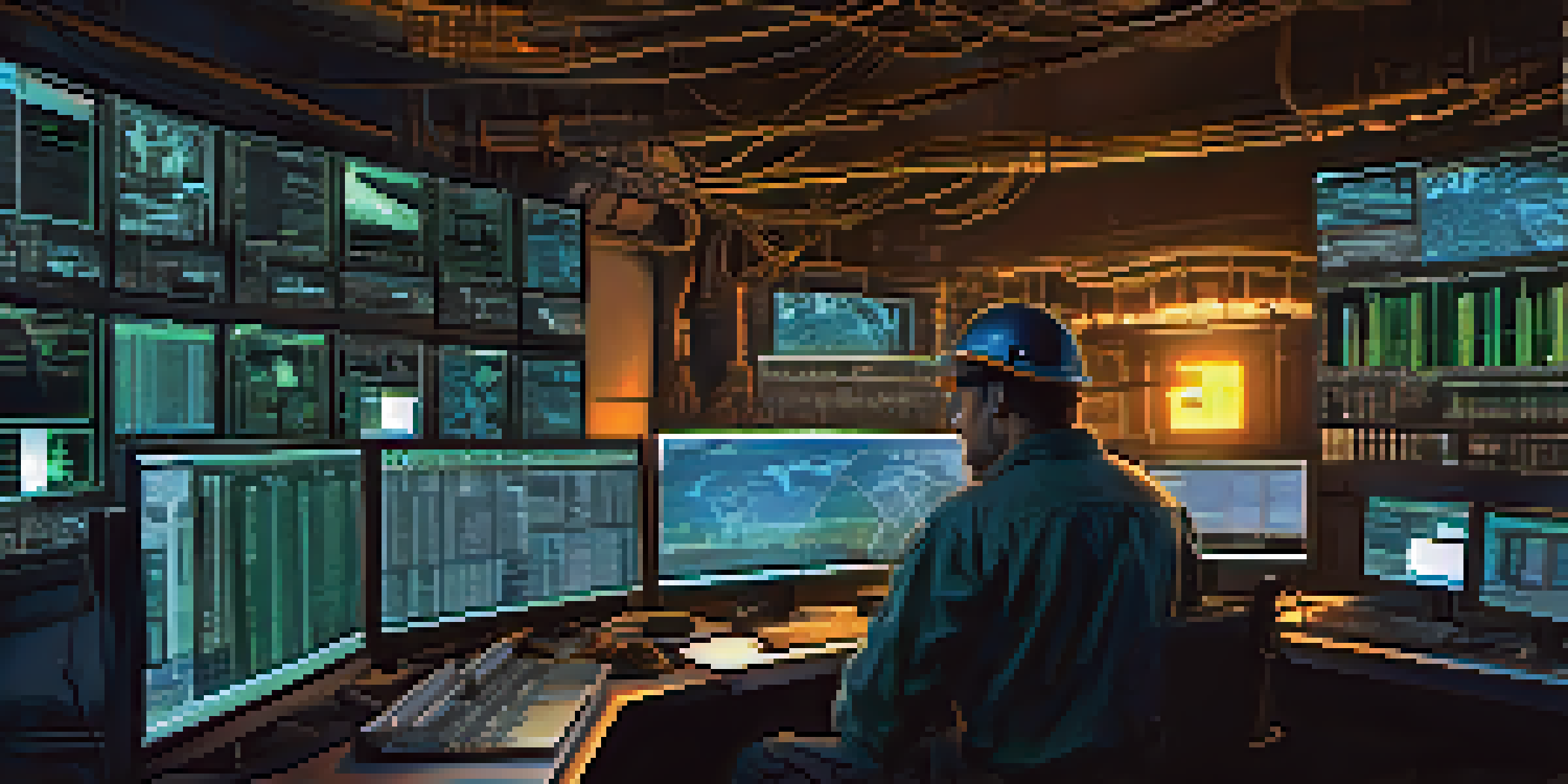 A miner intensely focused on their computer screen in a dark room, surrounded by mining equipment and illuminated by the screen's glow.