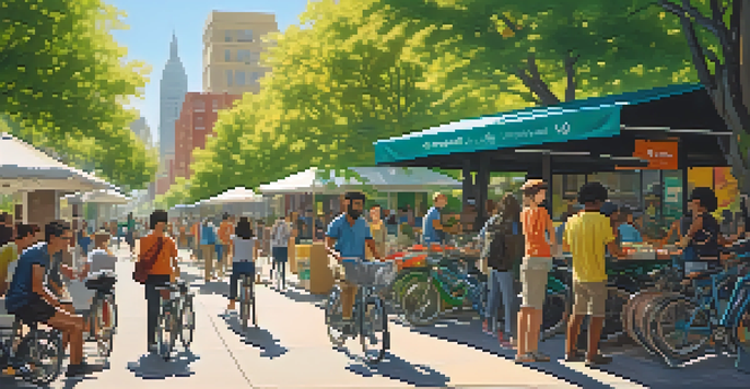 A lively city scene depicting people sharing bikes and tools, with modern buildings and greenery in the background, illuminated by warm afternoon sunlight.