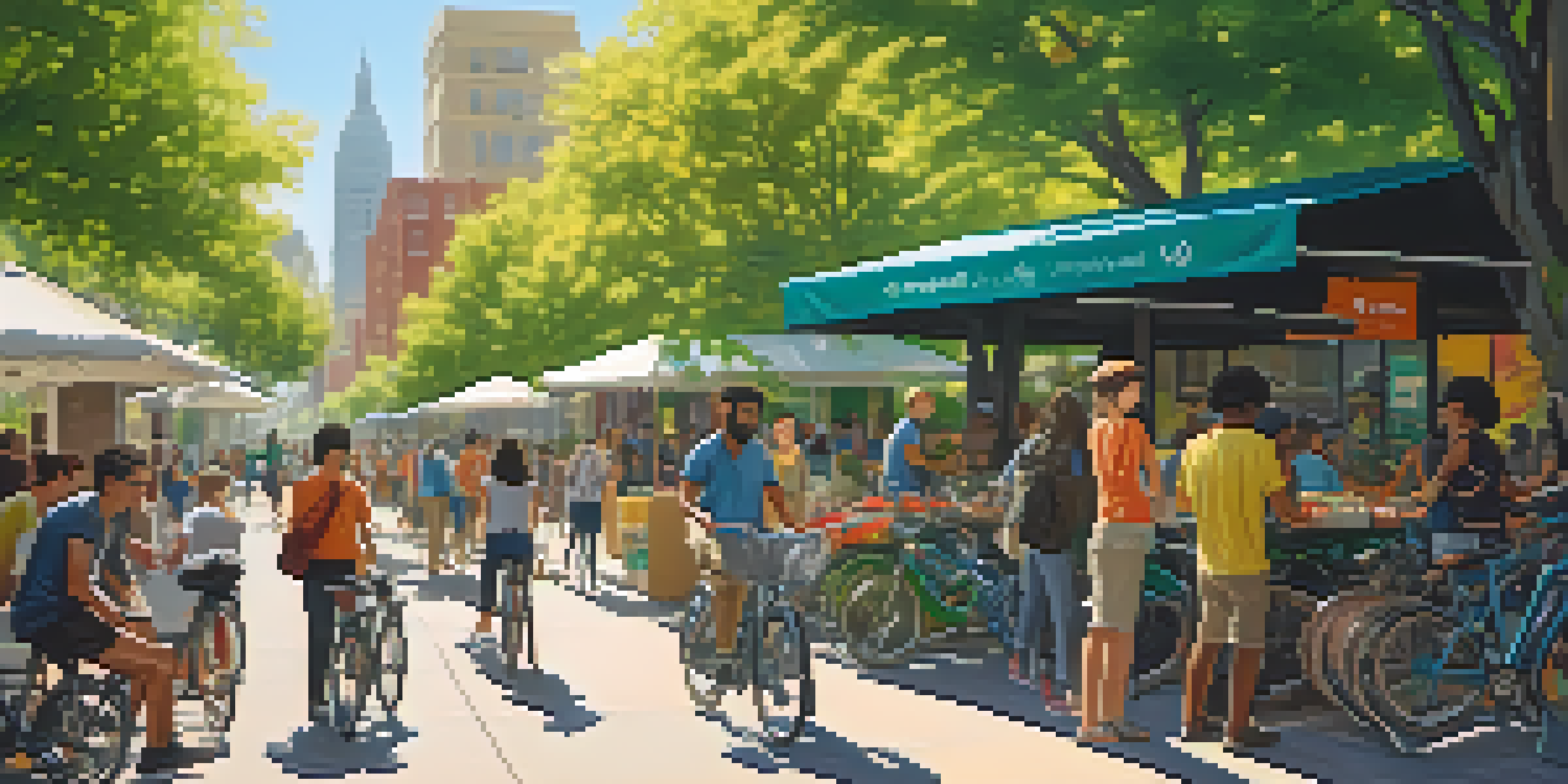 A lively city scene depicting people sharing bikes and tools, with modern buildings and greenery in the background, illuminated by warm afternoon sunlight.