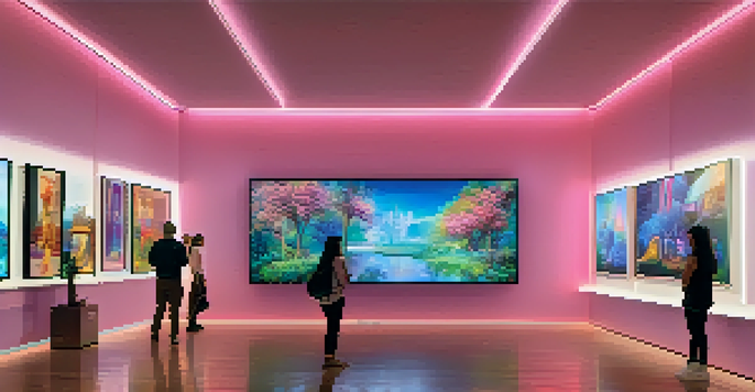 A digital art gallery with colorful lighting displaying various unique NFTs on digital screens, with visitors interacting with the artworks.