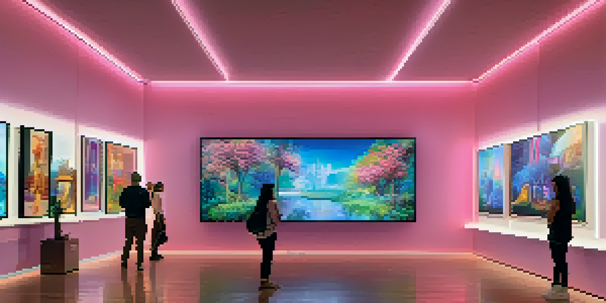A digital art gallery with colorful lighting displaying various unique NFTs on digital screens, with visitors interacting with the artworks.