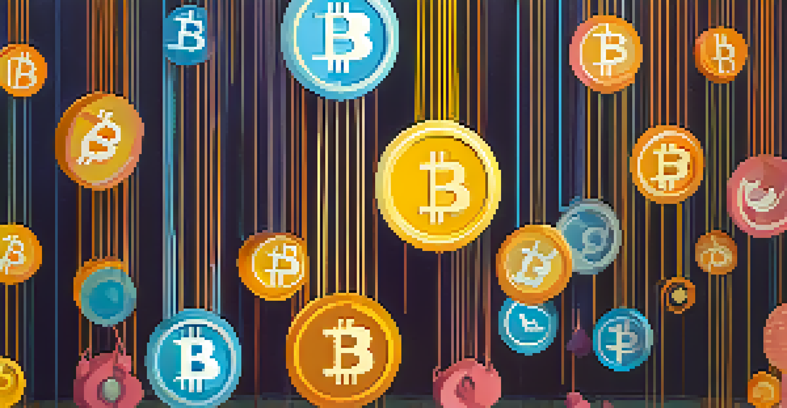 An abstract image depicting puppet strings attached to cryptocurrency symbols in a colorful, chaotic background.