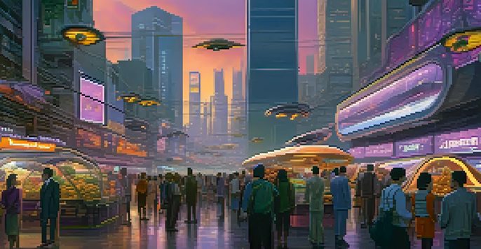 A vibrant futuristic cityscape at dusk, featuring glowing skyscrapers and a busy market filled with people and holographic ads.