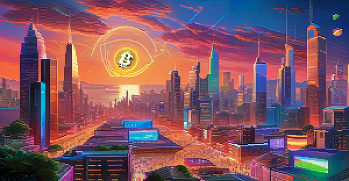 A futuristic city with vibrant floating coins representing stablecoins, bustling marketplace, and diverse people using devices against a colorful sunset.