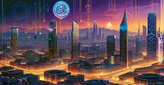 A futuristic city skyline at dusk featuring various cryptocurrency symbols integrated into the buildings, with glowing lines connecting them.