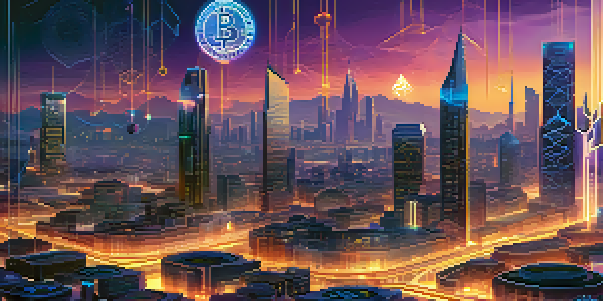 A futuristic city skyline at dusk featuring various cryptocurrency symbols integrated into the buildings, with glowing lines connecting them.