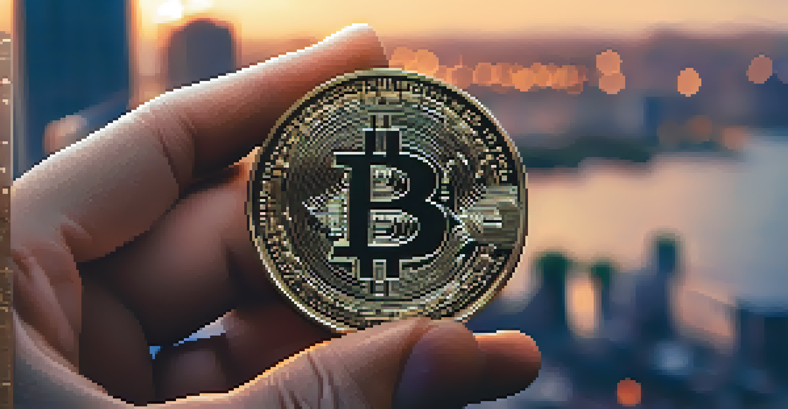 A close-up of a hand holding a cryptocurrency coin with a blurred cityscape behind it, emphasizing the value of digital currency.