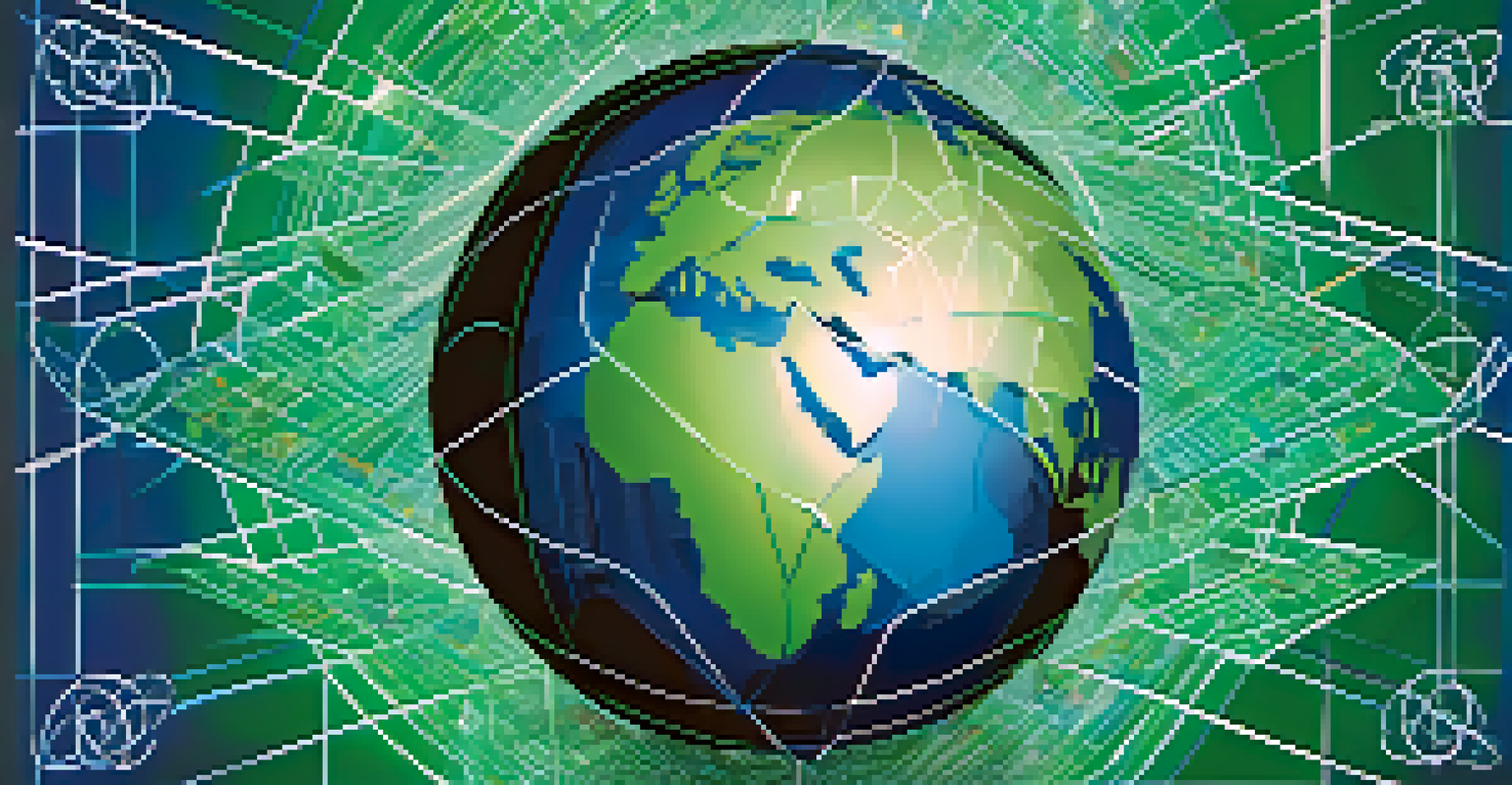 An abstract image of a globe with interconnected lines and currency symbols, set against a blue and green background.