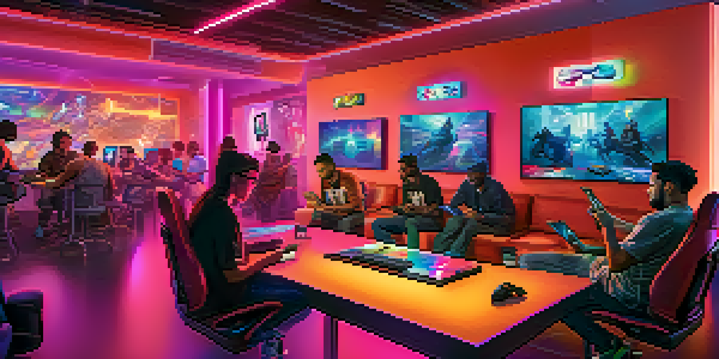 A diverse group of gamers in a colorful gaming lounge, showing excitement and concentration while using their devices.