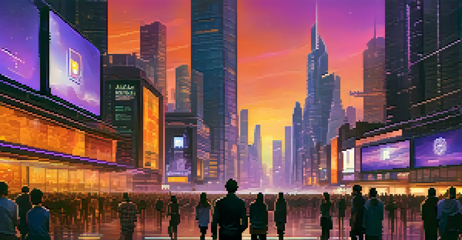 A vibrant city skyline at dusk with skyscrapers and digital cryptocurrency advertisements, filled with people using technology.